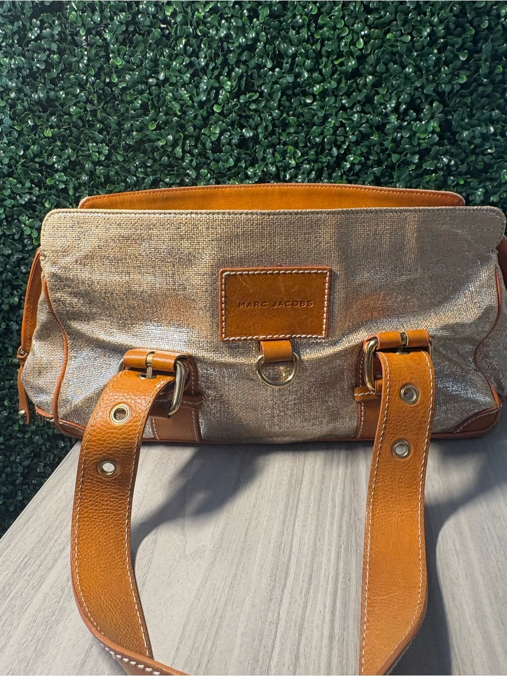 Vintage Marc Jacobs Tan Canvas & Cognac Leather Tote Bag - Picture 2 of 9